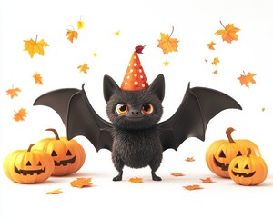 Adorable Black Bat with Party Hat and Jack-o'-Lanterns