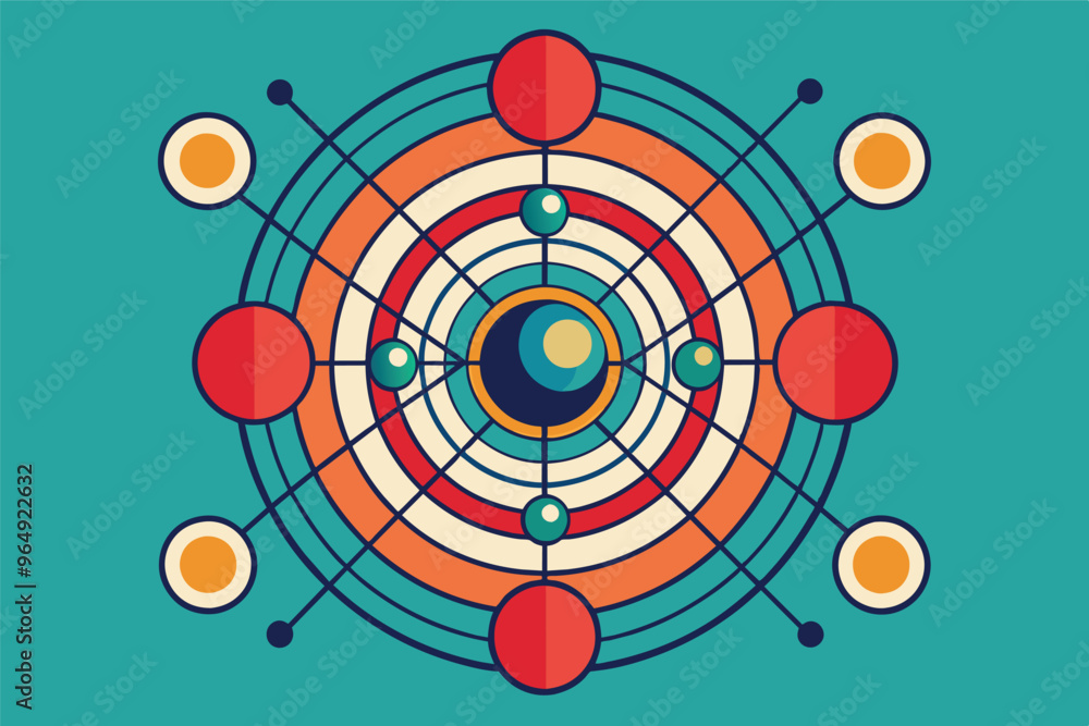 Fototapete A colorful abstract representation of an atom's model featuring concentric circles and diverse orbits illustrating energy levels in a vibrant design