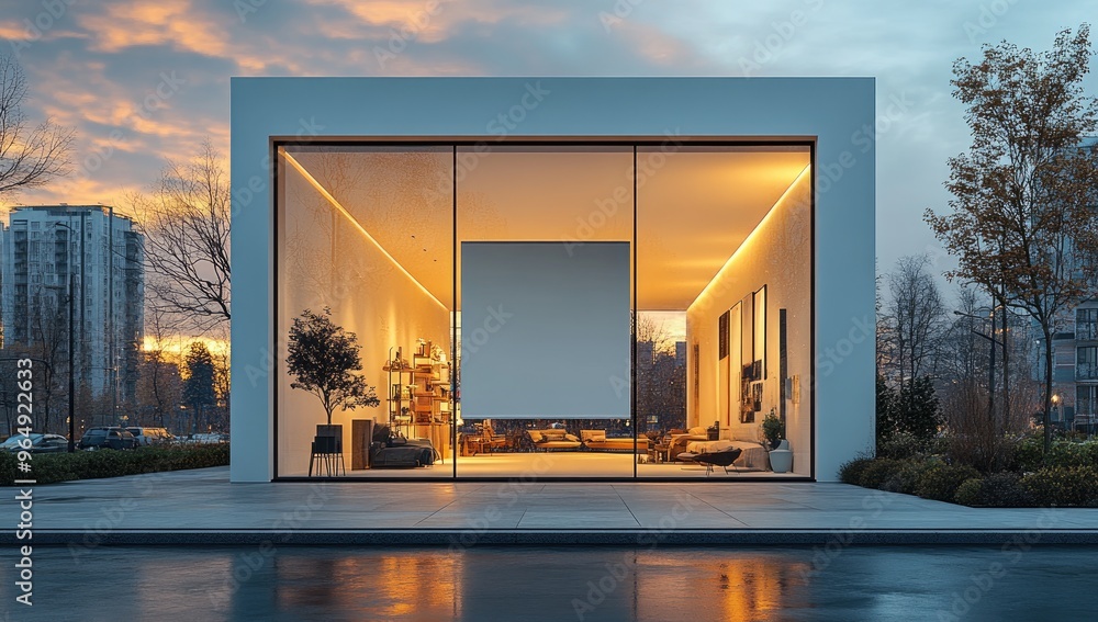 Poster modern house with large windows and a pool in front