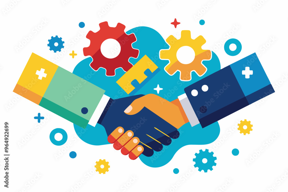Fototapete two hands shaking in a graphic representation of partnership and collaboration, surrounded by colorf