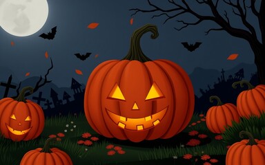 Smiling orange pumpkins in a spooky Halloween graveyard lit by a full moon. 
