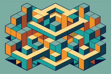 A colorful, abstract 3D maze made of interlocking cubes in shades of teal, orange, and cream, creating a visually engaging pattern against a muted background