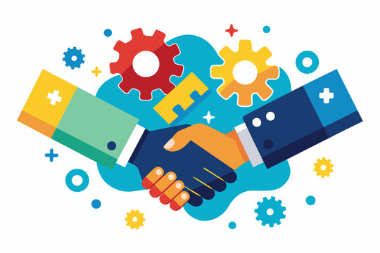 Two hands shaking in a graphic representation of partnership and collaboration, surrounded by colorful gears and shapes symbolizing teamwork and innovation