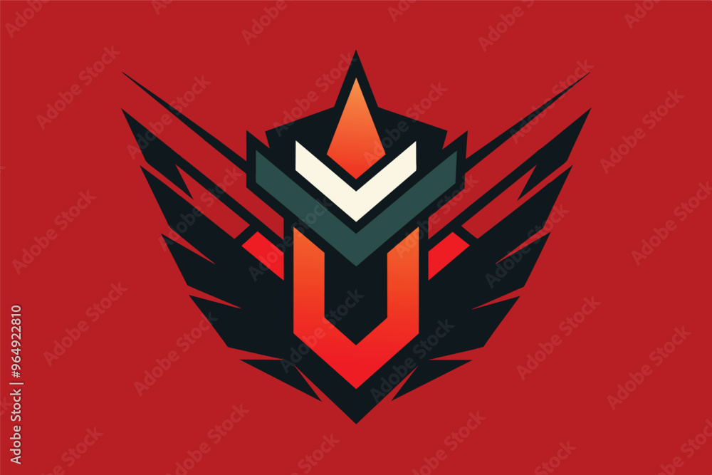 Aufkleber A bold and dynamic graphic design featuring a stylized emblem with sharp angles and contrasting colors on a vibrant red background
