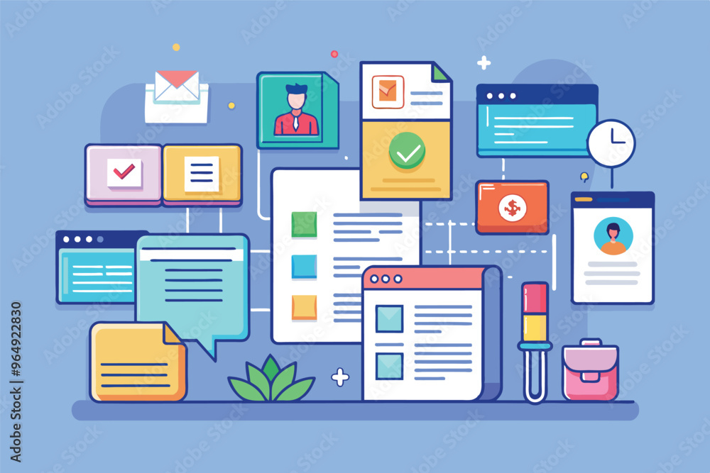 Poster digital interface illustrating various elements of project management including tasks, notifications