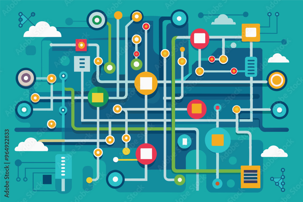Poster A colorful abstract network design featuring various shapes, lines, and connections on a blue background representing technology and digital communication