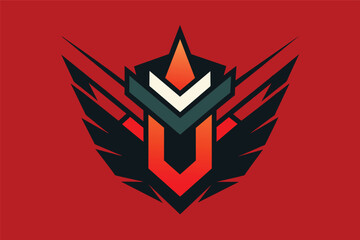 A bold and dynamic graphic design featuring a stylized emblem with sharp angles and contrasting colors on a vibrant red background