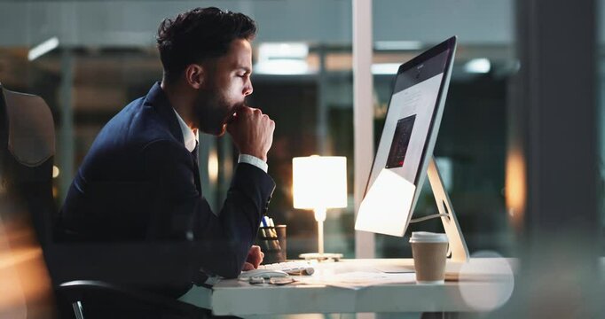 Tired businessman, computer and headache by desk with burnout, difficult report and overtime in office. Male employee, fatigue and migraine pain by pc for deadline, career stress and project mistake