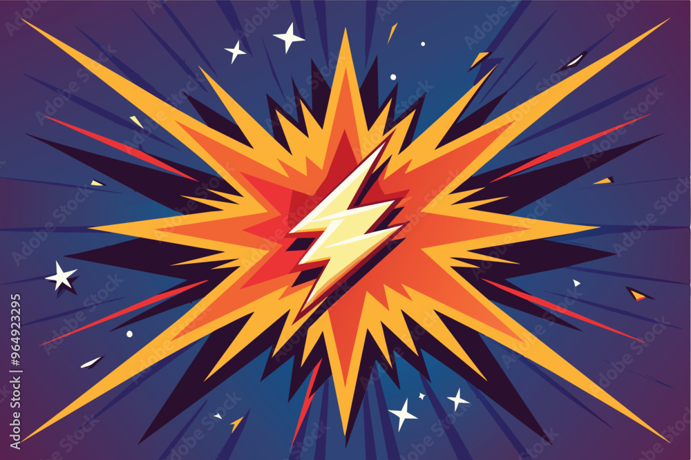 Poster brightly colored explosion graphic with dynamic shapes and lightning bolt motif, designed for a stri