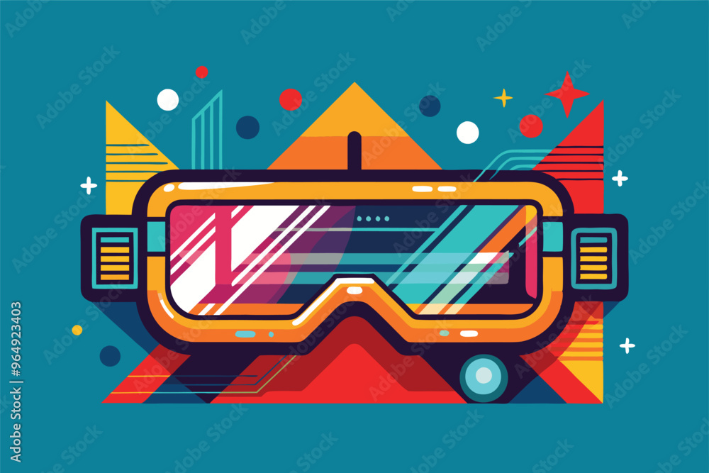 Poster colorful retro virtual reality goggles design featuring geometric shapes and vibrant colors, creatin