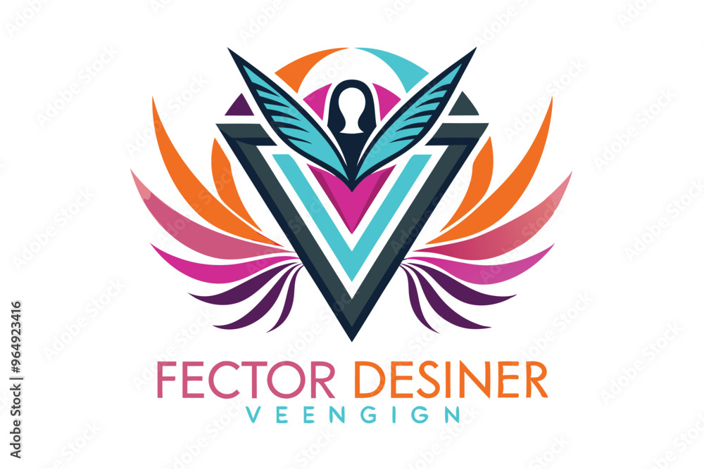 Poster creative logo design featuring vibrant colors and abstract shapes with a central emblem, symbolizing