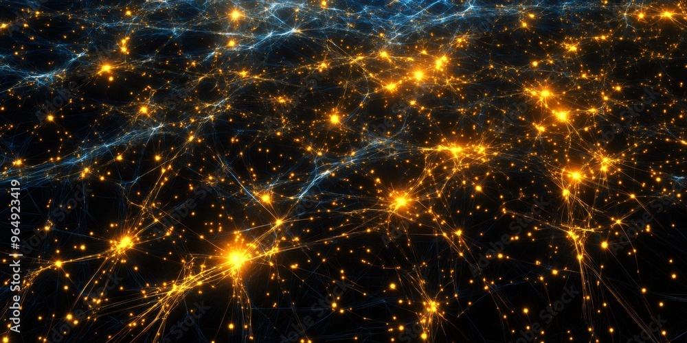 Poster abstract network of glowing lines and dots on a black background.