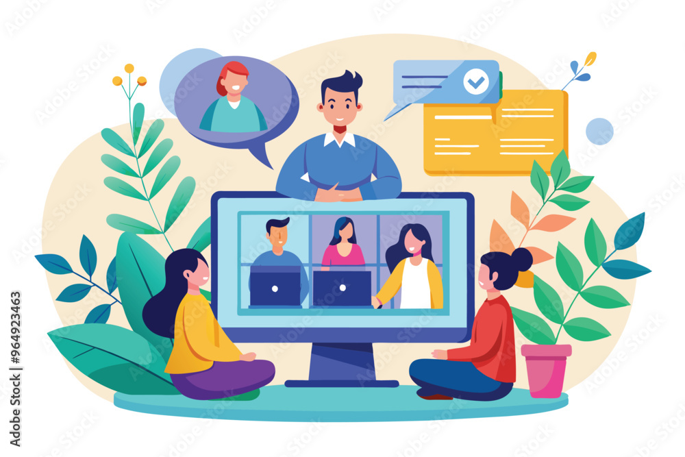 Aufkleber virtual team meeting with participants engaged in discussion through video conferencing, surrounded 