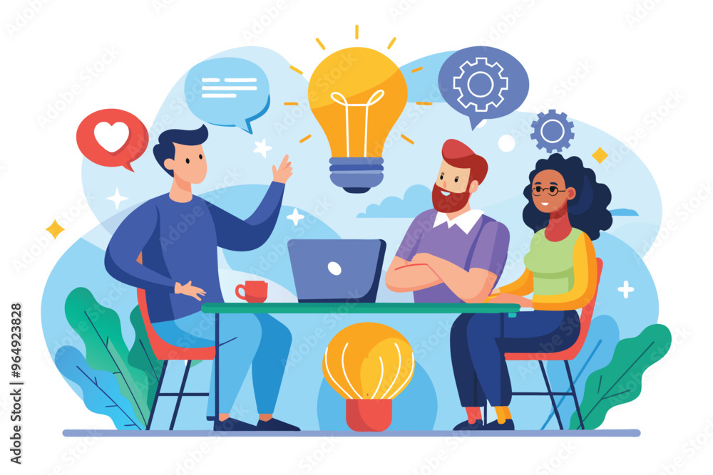 Leinwandbilder group brainstorming session at a modern workspace with individuals discussing ideas using a laptop a