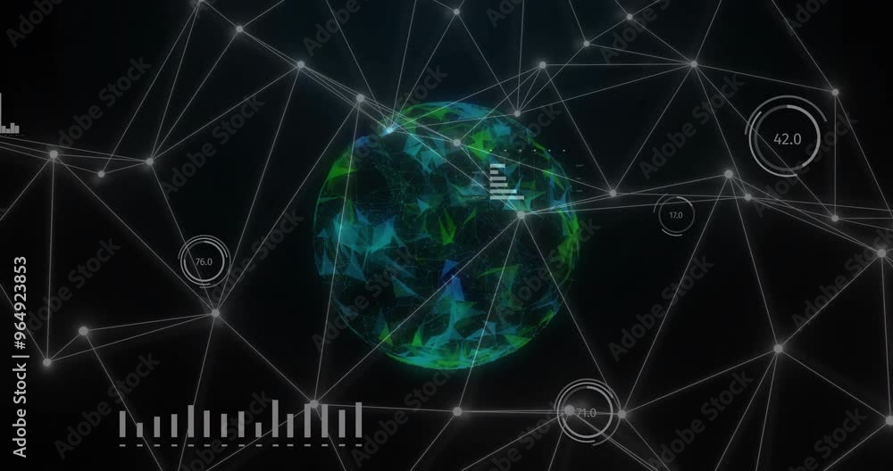 Poster animation of network of connections over globe and diagrams