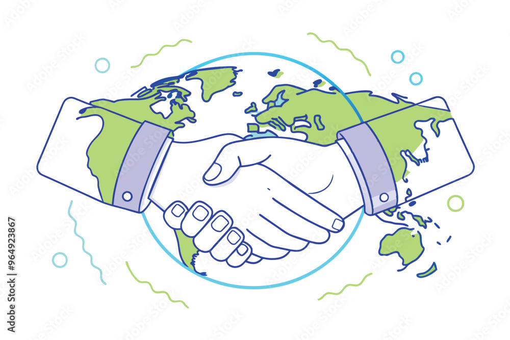 Poster a handshake symbolizes global partnership with a world map illustrating unity and collaboration amon
