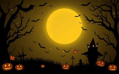 Spooky Halloween night with a yellow moon and black silhouettes of a haunted house and pumpkins. 
