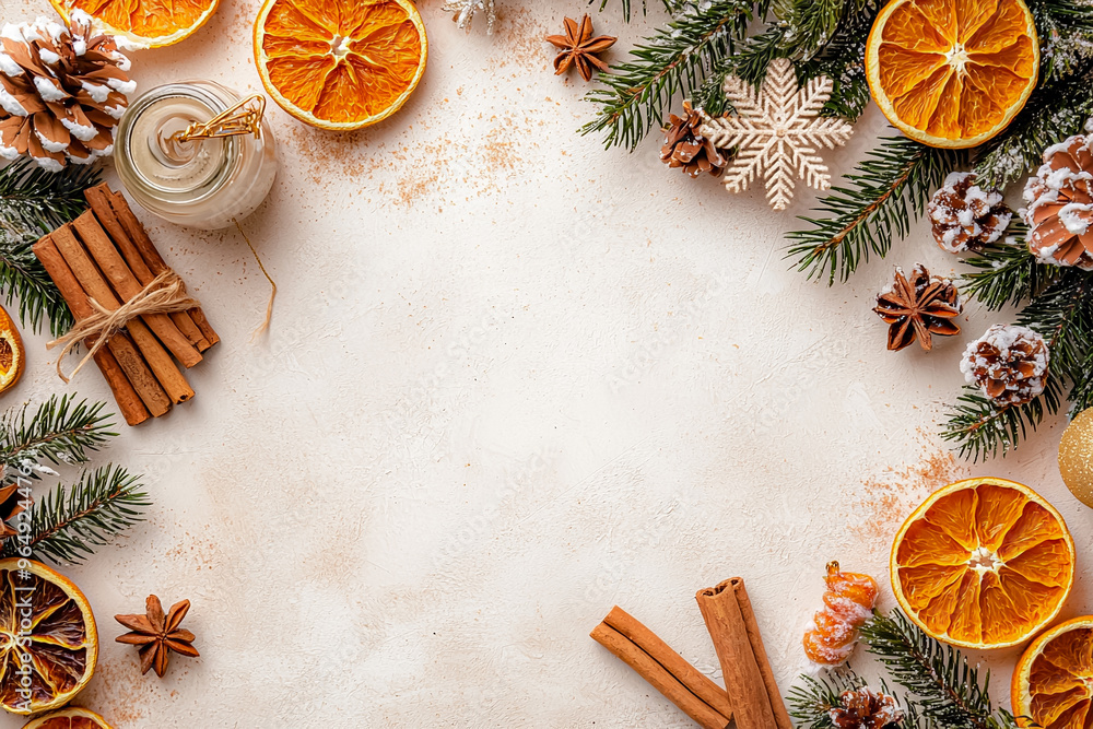 Poster a white background with a frame of cinnamon sticks and oranges