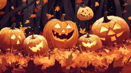 Jack-o'-Lanterns Amongst Autumn Leaves