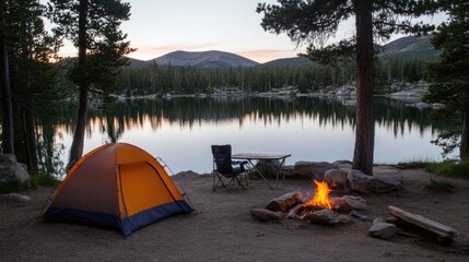 Outdoor adventure: camping, tranquility of nature with nights under the stars, campfires, and exploration, reconnecting with the wilderness and enjoying simplicity and serenity of great outdoors