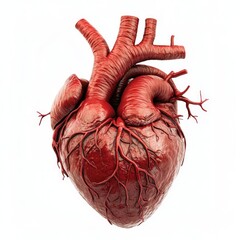 A detailed and realistic human heart, fully intact, showcasing the major arteries and veins.