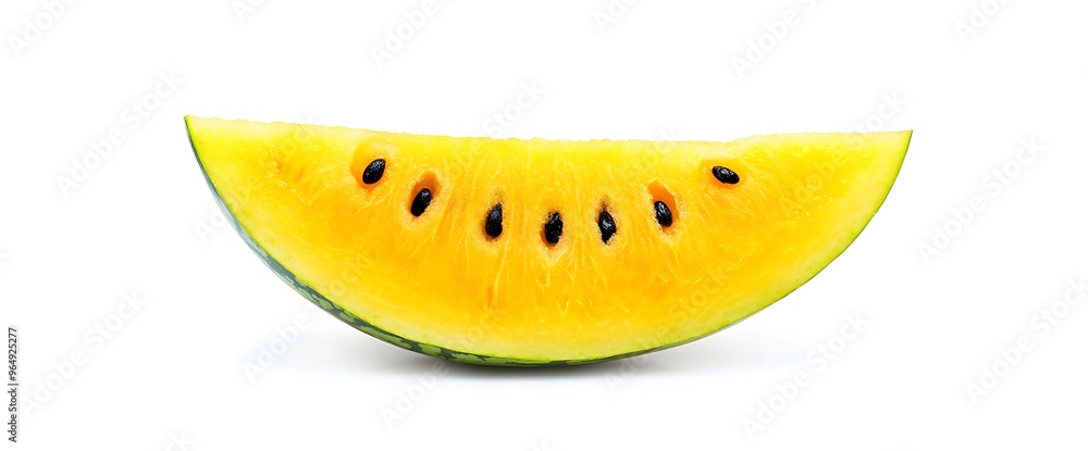 Sticker A slice of yellow watermelon with seeds on a white background.