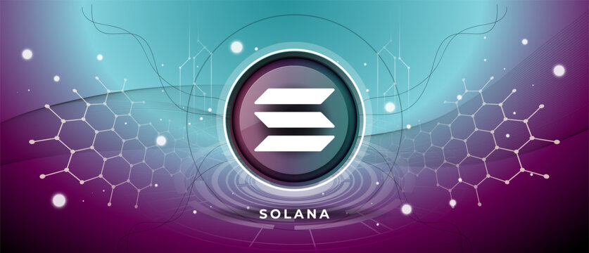 Solana network coin symbol with crypto currency green pink background design. Modern neon color banner, Solana logo or SOL icon. Cryptocurrency Blockchain technology, digital vector.