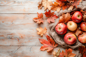 A basket of apples is on a table with a pile of autumn leaves