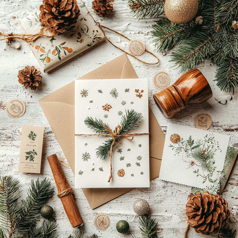 Poster a white card with a pine tree design and a brown card with a pine tree design