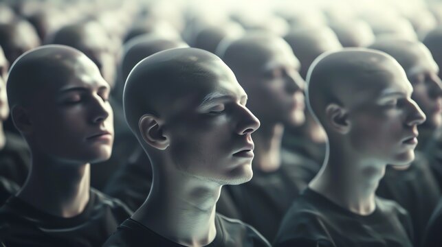 A row of bald, expressionless heads.