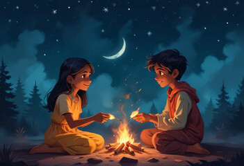 Comic A young Indian couple sitting on the ground under a starry night sky