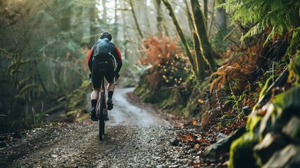 A man rides a bike on a trail through a forest.