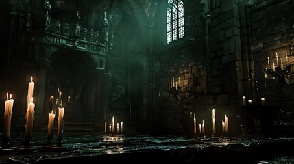 A dark, gothic cathedral with many lit candles.