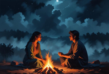 Comic A young Indian couple sitting on the ground under a starry night sky