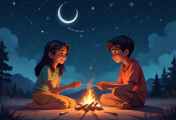 Comic A young Indian couple sitting on the ground under a starry night sky