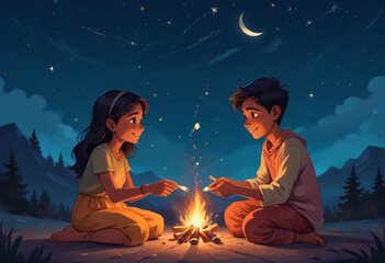 Comic A young Indian couple sitting on the ground under a starry night sky