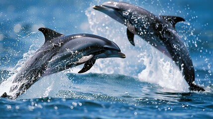 Obraz premium Two dolphins leap out of the water.