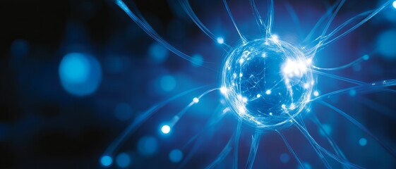 Obraz premium A captivating depiction of a glowing atom with energy trails, representing concepts of science and technology in a digital world.