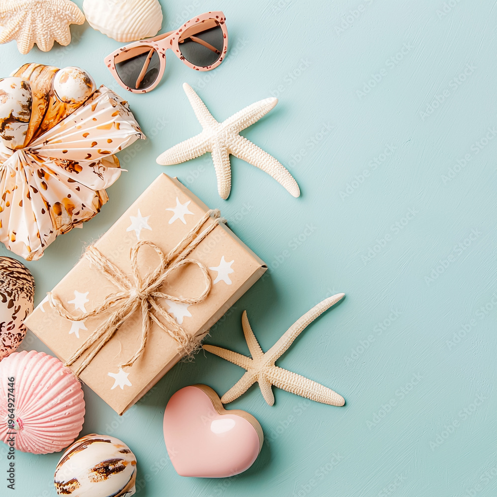 Poster a box with a bow on top of it is surrounded by seashells and sunglasses
