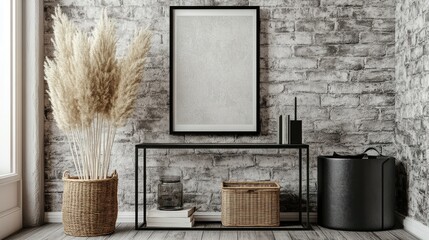 Boho chic style: Visualize a living room with a soft gray wall as the canvas. The mockup poster frame has a distressed wood finish, adding a bohemian touch.