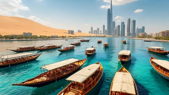 Traditional wooden dhows float on turquoise waters of Dubai Creek. Golden desert dunes and futuristic skyscrapers create a striking backdrop.