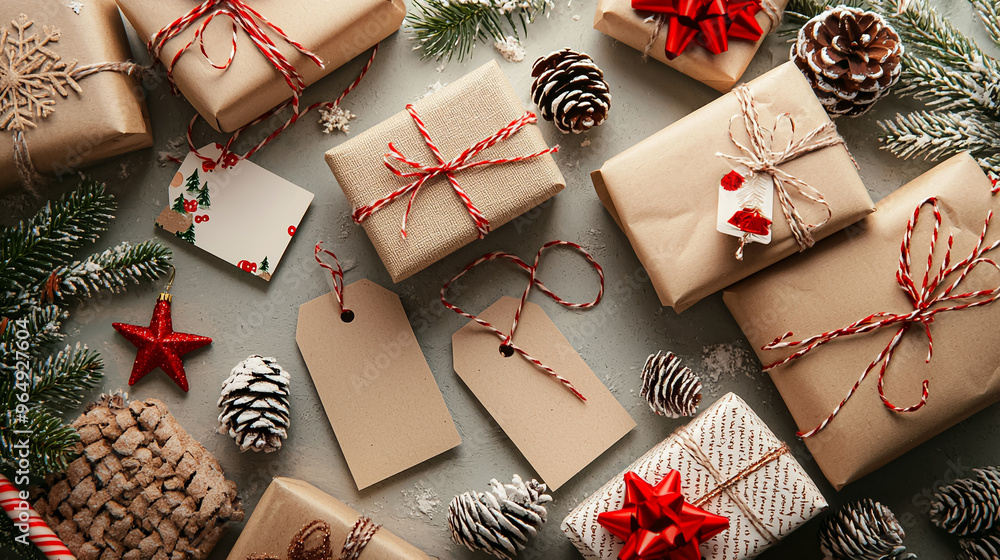 Poster a pile of presents with tags on them and pine cones on the table