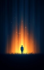 Obraz premium A solitary figure stands in a serene forest, illuminated by warm light, evoking feelings of reflection and tranquility.