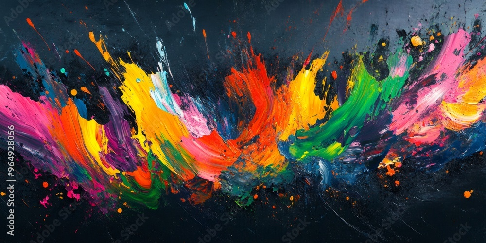 Poster abstract painting with colorful strokes and splatter on a dark background.