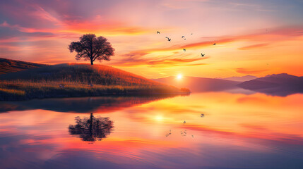 Fototapeta premium Golden Dawn: The Promise of a New Day in a Tranquil Landscape Reflecting Hope and Renewal