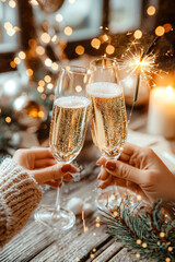 Two people are holding champagne glasses and toasting to the new year