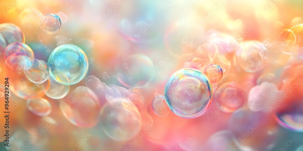 Poster abstract pastel background with iridescent bubbles floating on a soft orange and blue backdrop.