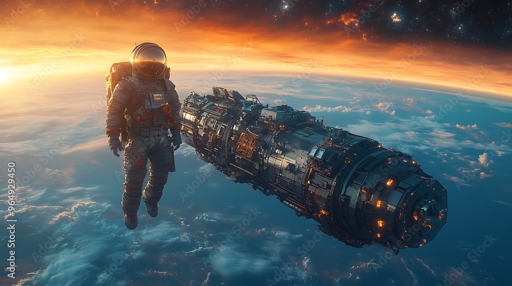 Poster astronaut spacewalking above a planet with a spaceship in the background.
