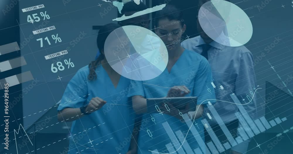 Poster animation of data processing and diagrams over diverse doctors using tablet