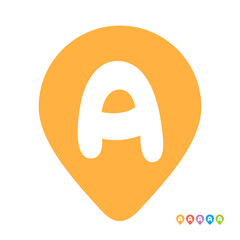 Letter A map pin location pointer icon design, flat vector illustration